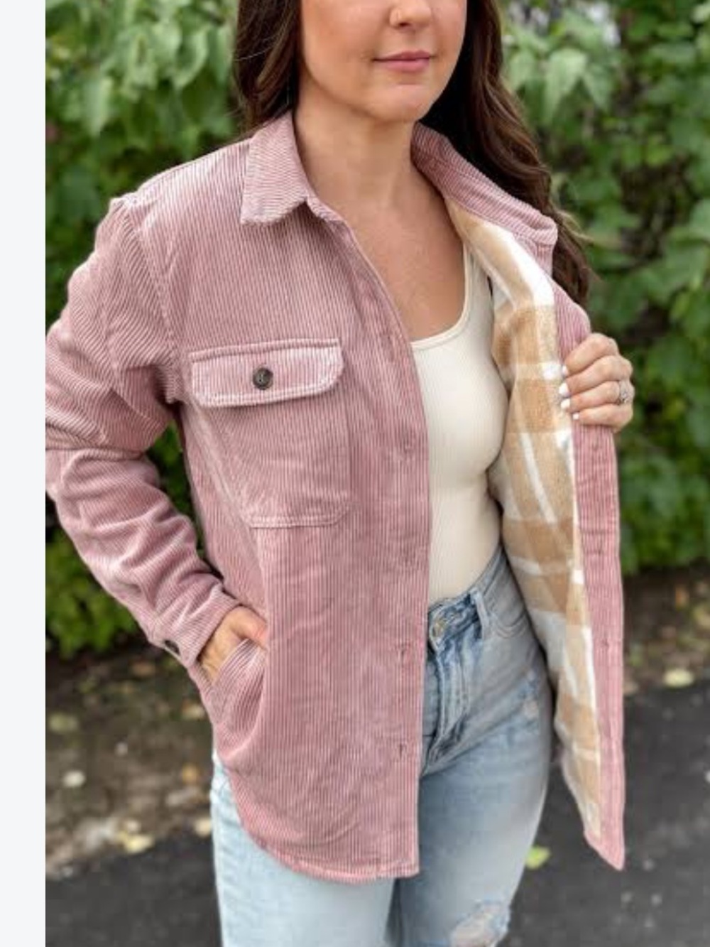 Love Tree Dusty Pink Corduroy Shacket with Plaid Lining